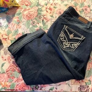 DKin Women’s Dark Wash Embroidered Pocket Jeans Capris - Indigo Blue Size 16 W